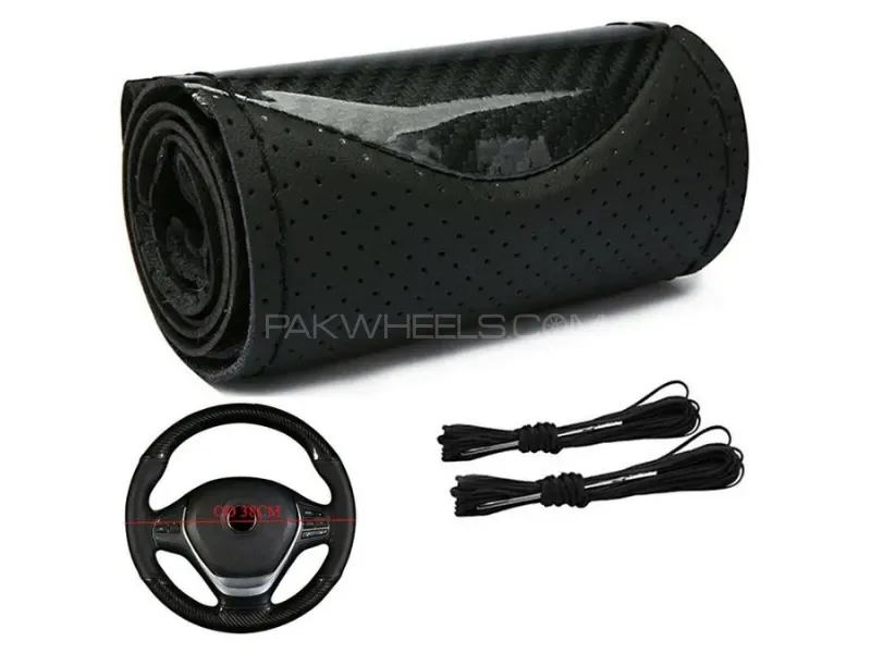 Black Carbon Fiber Punching Skin Steering Cover With 2 threads  Image-1