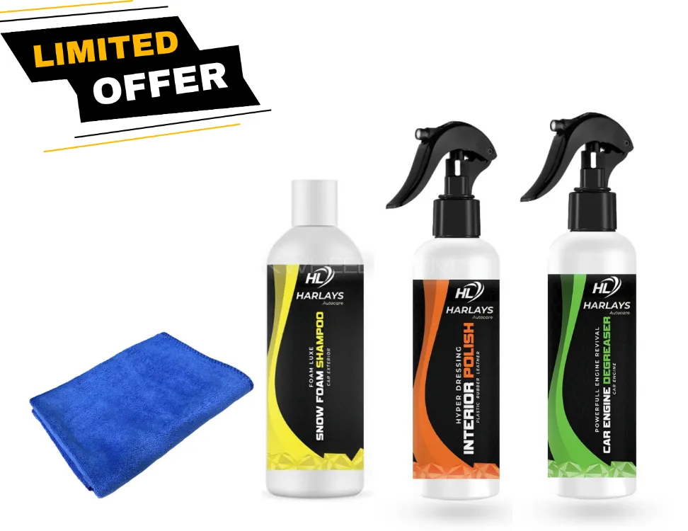Harley Care Bundle of 4 | Snow Foam Shampoo | Interior Polish | Engine Degreaser | Microfiber Towel Image-1