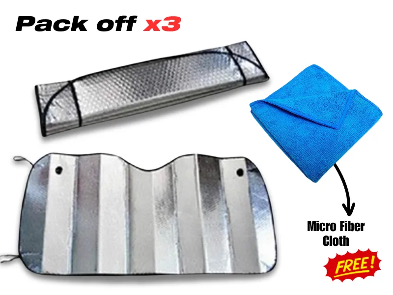 Pack off x3 SOGO Windshield Sunshades Block Curtains Silver with Free Micro Fiber Car Cleaning Cloth Image-1