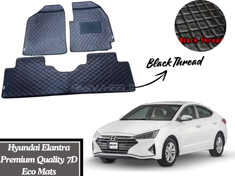 Hyundai Elantra 7D Flat Eco Mats With Black Thread | Hyundai Elantra Black Color 7D Eco Mats Image-1