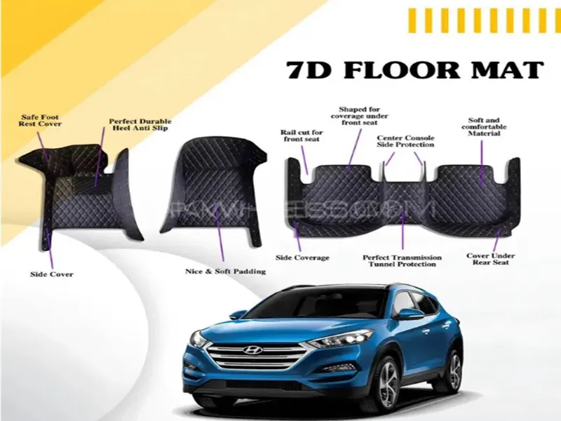  Hyundai Tucson 2020-2024 7D Floor Mats - Black Multi Color Thread - 3 Pcs  Image-1