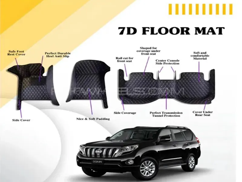 Toyota Prado 2009-2021 7D Floor Mats - Black Multi Color Thread - 4 Pcs  Image-1
