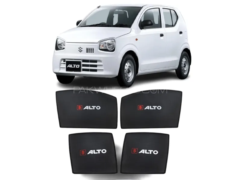 Premium Combo Pack: 4 Pcs Sun Shades & 7D Black with Red Trunk Mat for Suzuki Alto 660cc Image-1