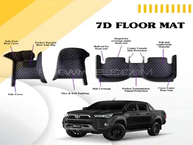 Toyota Hilux Revo 2016-2021 7D Floor Mats - Black Multi Color Thread -3 Pcs Image-1