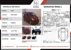 MIRA L 2022
5 AA GRADE 
3000 MILEAGE 
FRESH CLEAR 
VERIFIABLE AUCTION REPORT AVAILABLE 
FOR MORE DETAILS PLEASE CONTACT