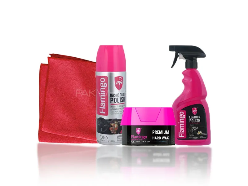 4 in1 Flamingo Car Leather Seat Cleaner Body Polish Microfiber Cloth & Dashboard Spray Complete Care Image-1