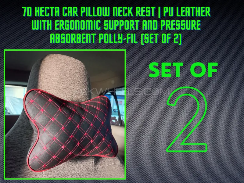 Headrests Neck Pillow Car Head Travel 2 Pcs Set [ BLACK - RED ] Image-1