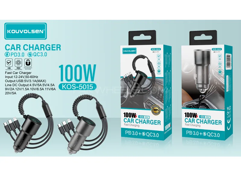 100W Car Charger With Lightning + USB C+ Micro CABLE + 2 x USB Image-1