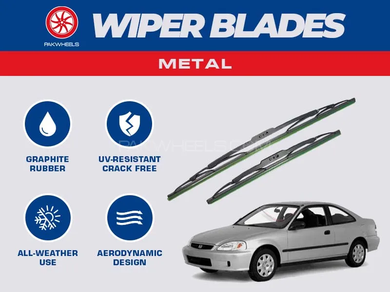 PakWheels Metal Wiper Blades For Honda Civic 1995 - 2001 Image-1