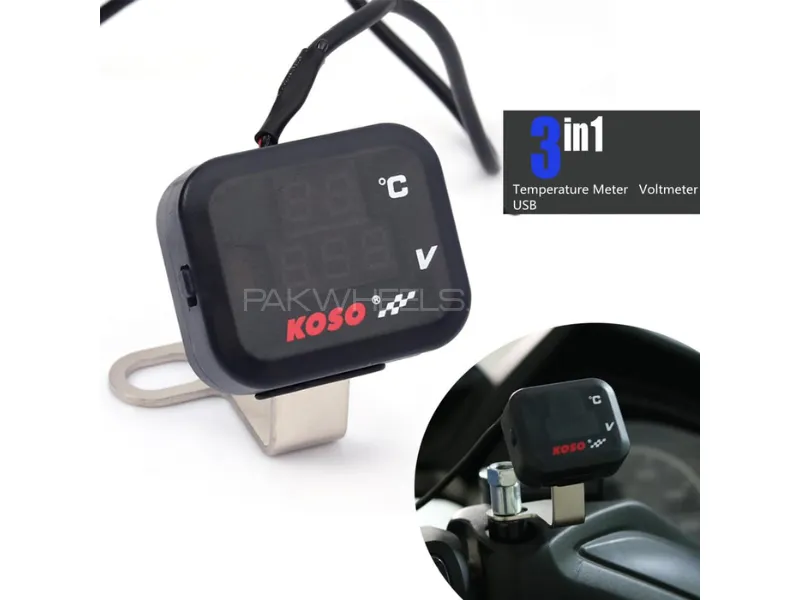 Universal 12V 3-in-1 Motorcycle Voltmeter, Thermometer & USB Charging Port Image-1