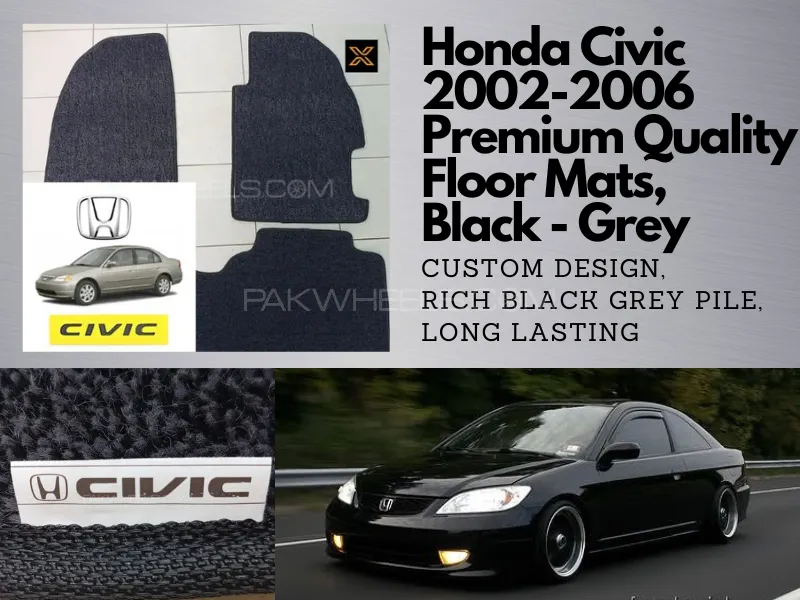 Honda Civic 2002-2006 Floor Mats, Premium Quality, Black - Grey   Custom Design  Image-1
