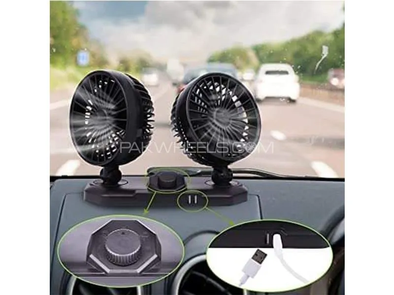 Universal Car Double Head Fan With Dual USB Charging Port Image-1