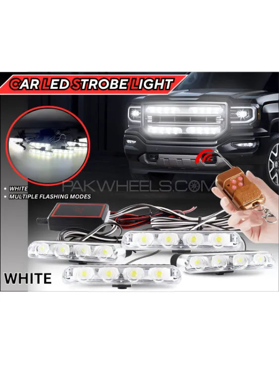 4PC LED Grill Strobe Flasher Light  DRL Parking Light Wireless-Remote Controlled Function- WHITE Image-1