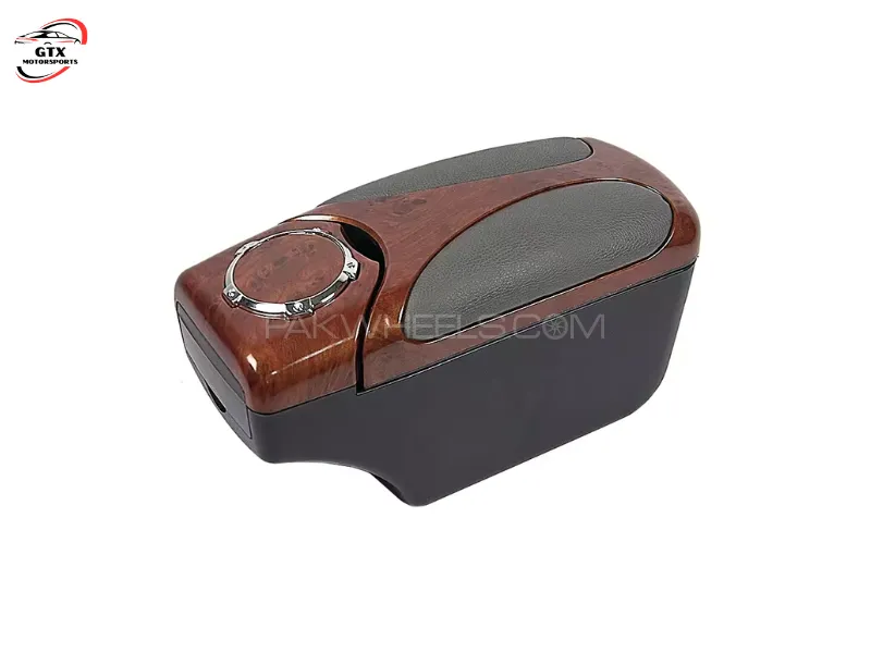 Universal Armrest Center Console Storage Box – Leather Finish with Wood Texture Top Image-1