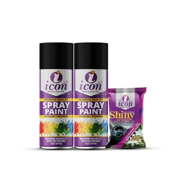 Icon Plus 2 x Black Spray Paint 300ml + 10 Shiny Wipes | Car & Bike Touch-Up Kit | High Gloss Finish Image-1