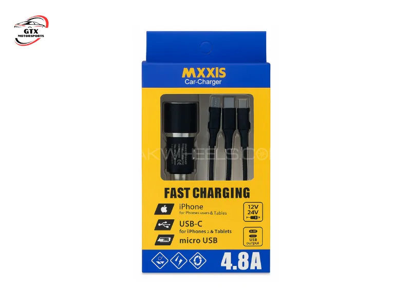 MAXXIS 4.8A Multi-Port Fast Car Charger with 3-in-1 Cable (USB-C, Lightning, Micro USB) – Universal  Image-1