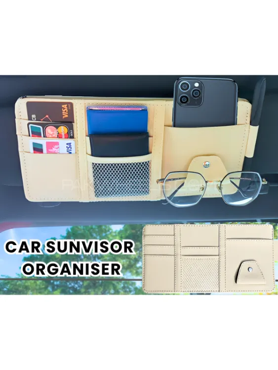 Car Sun Visor Organizer Black Multi-Pocket Pocket Organizer Car Document Storage Pen Holder-BEIGE Image-1