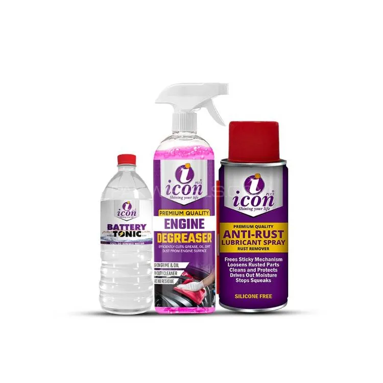 Icon Plus Bike Medicine Bundle – Engine Degreaser, Battery Water & Anti-Rust Spray for Motorcycles Image-1