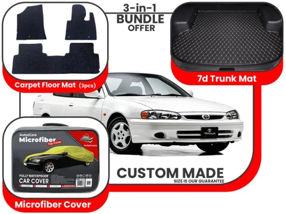 Toyota Corolla 1996-2002| Premium Bundle – 3-in-1 | Carpet Floor Mat, Trunk Mat, Microfiber Cover Image-1