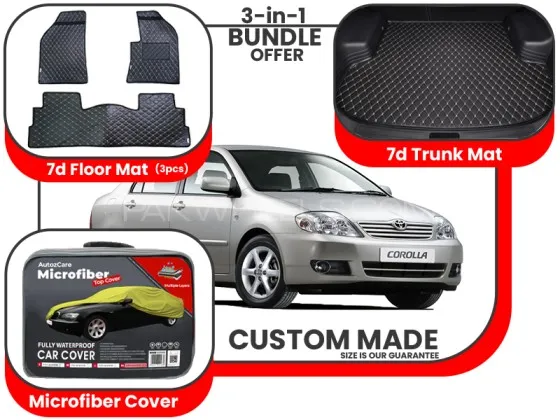 Toyota Corolla 2003-2008 | Premium Bundle – 3-in-1 | 7D Floor Mats, Trunk Mat, Microfiber Cover Image-1