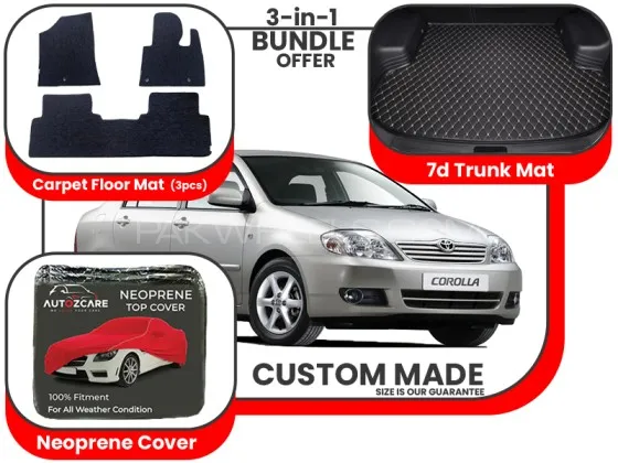 Toyota Corolla 2003-2008| Premium Bundle – 3-in-1 | Carpet Floor Mat, Trunk Mat, Neoprene Cover Image-1