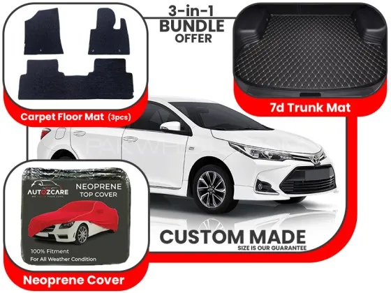 Toyota Corolla 2017-2025| Premium Bundle – 3-in-1 | Carpet Floor Mat, Trunk Mat, Neoprene Cover Image-1