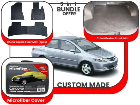 Honda City 2003-2008|Premium Bundle – 3-in-1|China Rexine floor mats ,Trunk Mat and Microfiber Cover Image-1