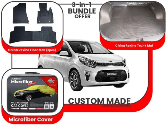 Kia Picanto 2019 2024|Premium Bundle– 3-in-1|China Rexine Floor mats, Trunk Mat and Microfiber Cover Image-1