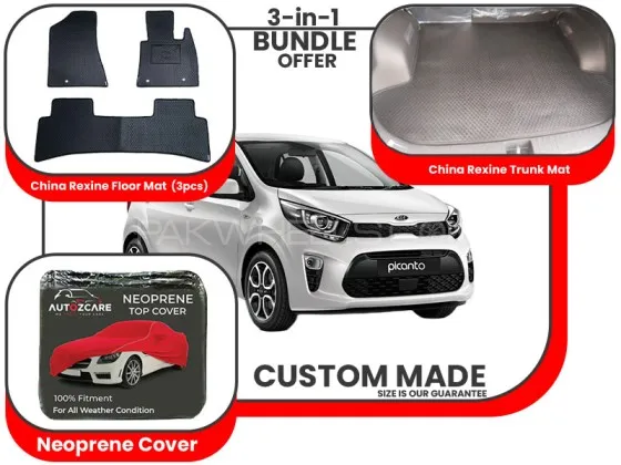 Kia Picanto 2019 2024|Premium Bundle– 3-in-1|China Rexine Floor mats, Trunk Mat and Neoprene Cover Image-1
