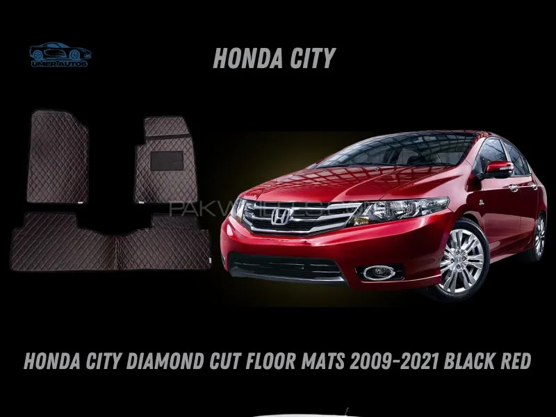 Honda City 2009-2021 | Diamond Cut Luxury Floor Mats | Premium Black Red Design Image-1