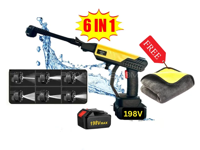 6 in 1 Nozzle - Imported Cordless Pressure Washer - Dual Battery 198V- Free Y/G Microfiber Image-1