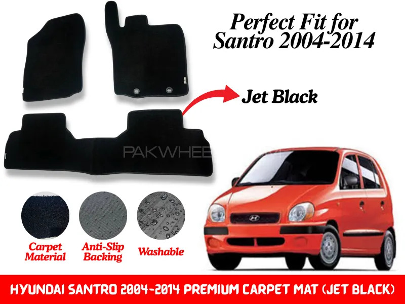 3Pc Premium Quality Hyundai Santro 2004-2014 Fitting Carpet Floor Mats (Jet Black) | Perfect Fit Image-1