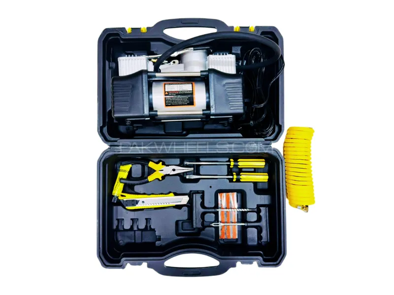 Imported Double Cylinder | 12 Volt | Portable Electric Car Air Pump | Tyre Puncture Repair Tool Kit  Image-1