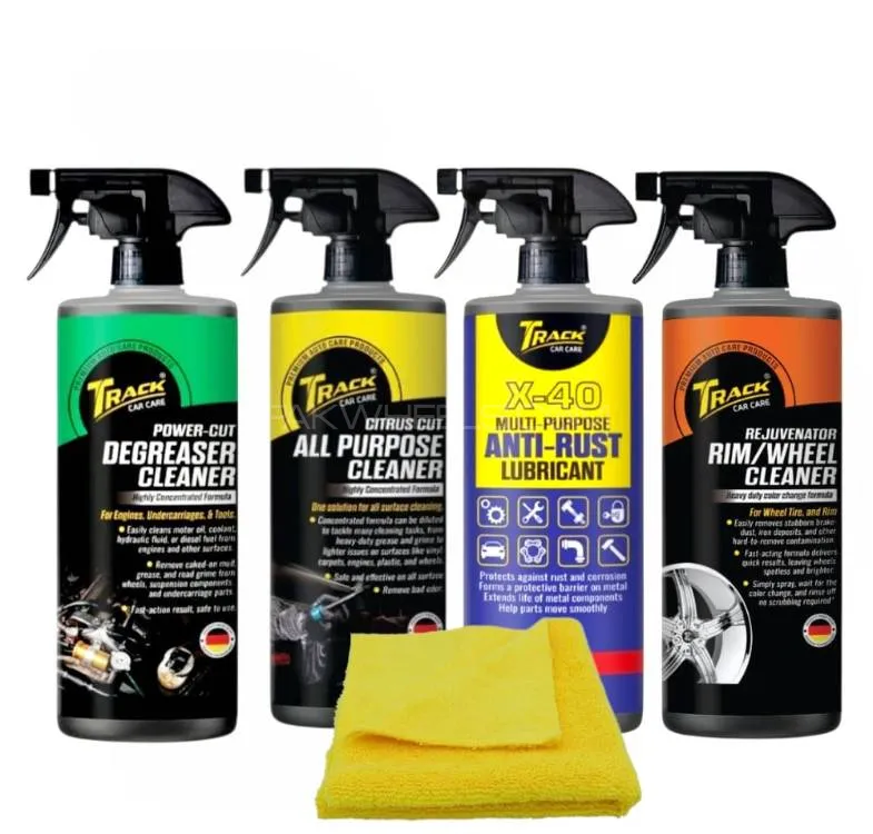 Track 4 in 1 Cleaning Detailing Kit- All Purpose,Anti Rust,Wheel cleaner, Degreaser 500ml With Towel Image-1