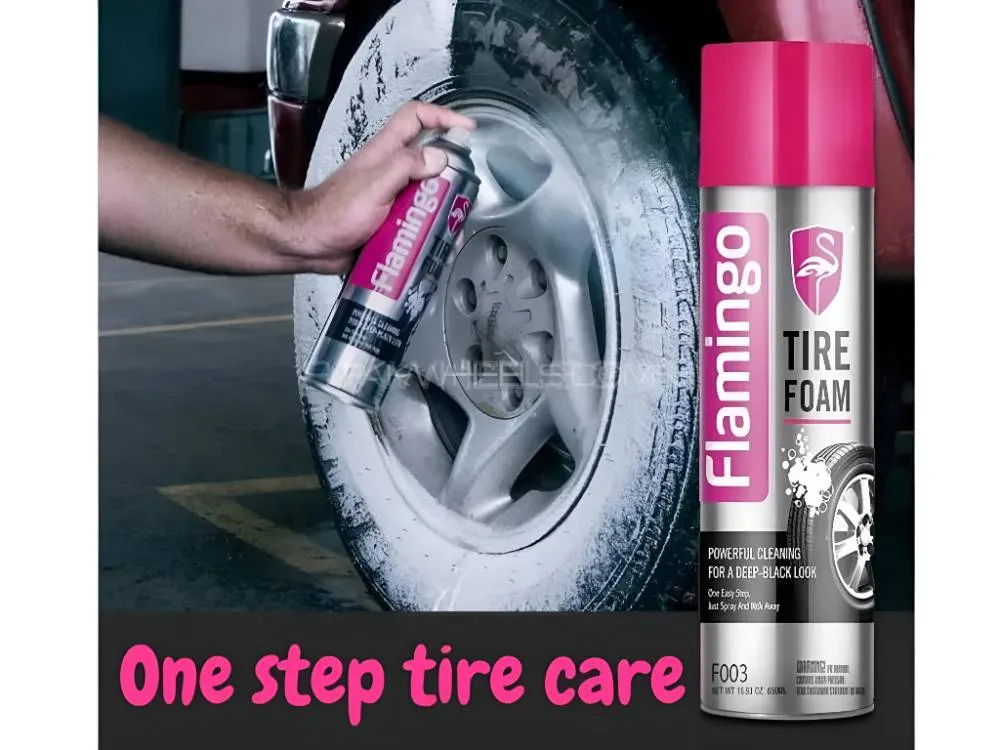 Original Flamingo Tire Foam Spray 650ml – Tire Shine & Care Cleaner for Cars and Bikes" Original Flamingo Tire Foam Spray 650ml – Tire Shine & Care Cleaner for Cars and Bikes" Image-2