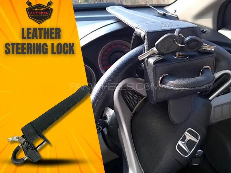 Leather Steering Lock for Cars – Black Color Heavy-Duty Anti-Theft Security Device | AutoManPK Image-1