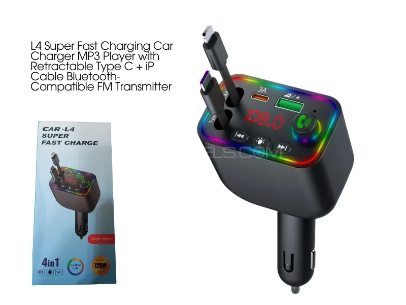 L4 Super Fast Charging Car Charger | MP3 Player | with Retractable Type C + iP Cable | Bluetooth-Com Image-1