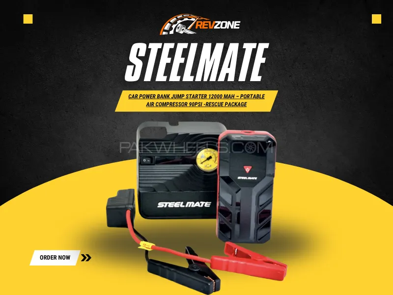 STEELMATE Car Power Bank Jump Starter 12000 mAh – Portable Air Compressor 90PSI -Rescue Package Image-1