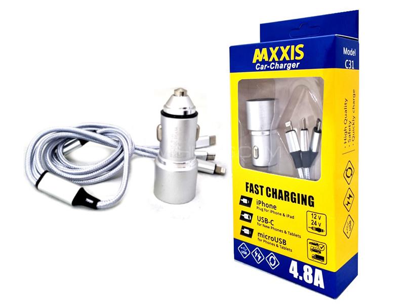 MAXXIS Car Cigarette Lighter Dual USB Port Charger With 3 in 1 Cable - 4.8A - 12v/24v | Silver MAXXIS Car Cigarette Lighter Dual USB Port Charger With 3 in 1 Cable - 4.8A - 12v/24v | Silver Image-2