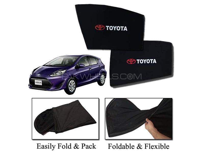 Toyota Aqua 2013-2022 Foldable Sun Shades With Logo | Mesh Fabric | Heat Proof | Dark Black 