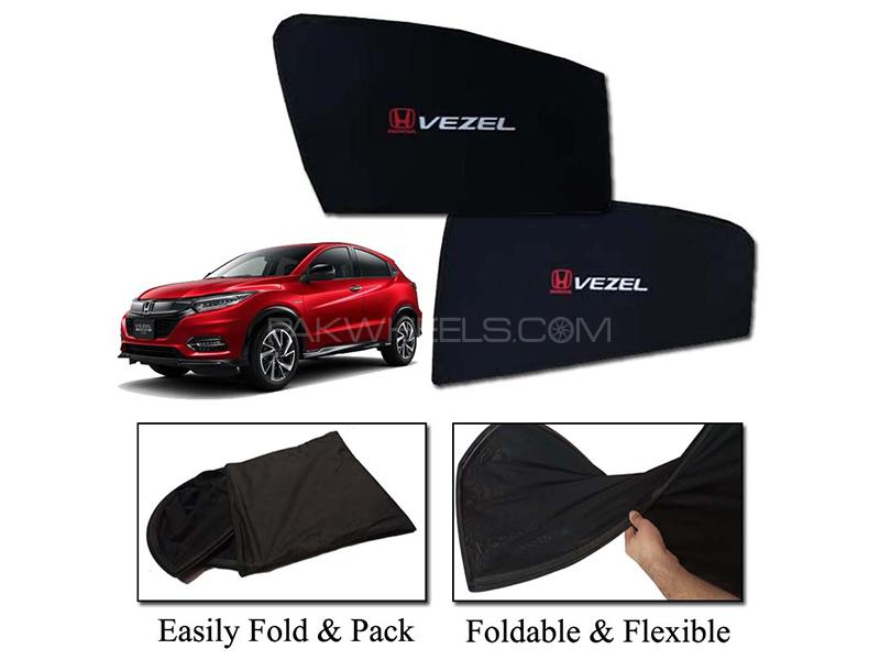 Honda Vezel 2013-2022 Foldable Sun Shades With Logo | Mesh Fabric | Heat Proof | Dark Black 