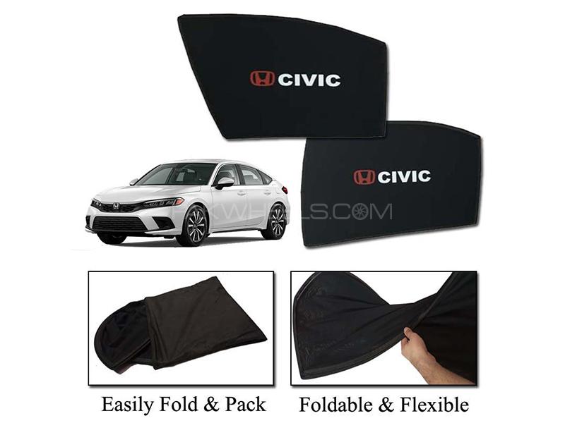 Honda Civic 2022-2023 Foldable Sun Shades With Logo | Mesh Fabric | Heat Proof | Dark Black Image-1