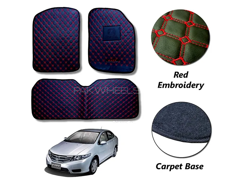 Honda City 2009-2021 7D Mats Flat Design Triple Layer | Red Diamond Cut Embroidery Image-1