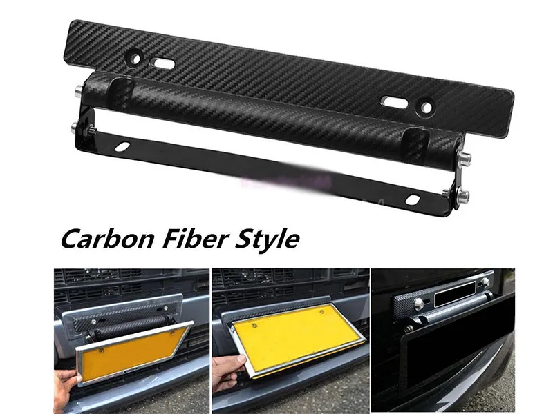 Universal Adjustable Car License Plate Stand | Car Plate Holder | Carbon Fiber Style | Black 