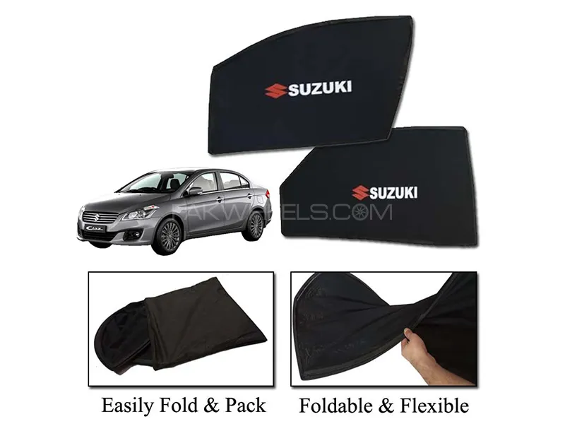 Suzuki Ciaz 2017-2020 Sun Shades With Logo | Foldable | Mesh Fabric | Heat Proof | Dark Black Image-1