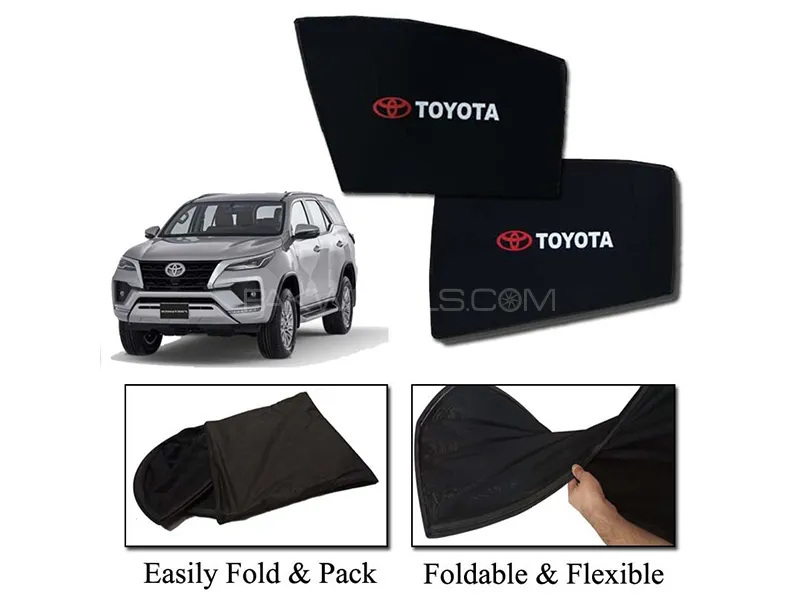 Toyota Fortuner 2021-2023 Sun Shades With Logo | Foldable | Mesh Fabric | Heat Proof | Dark Black Image-1