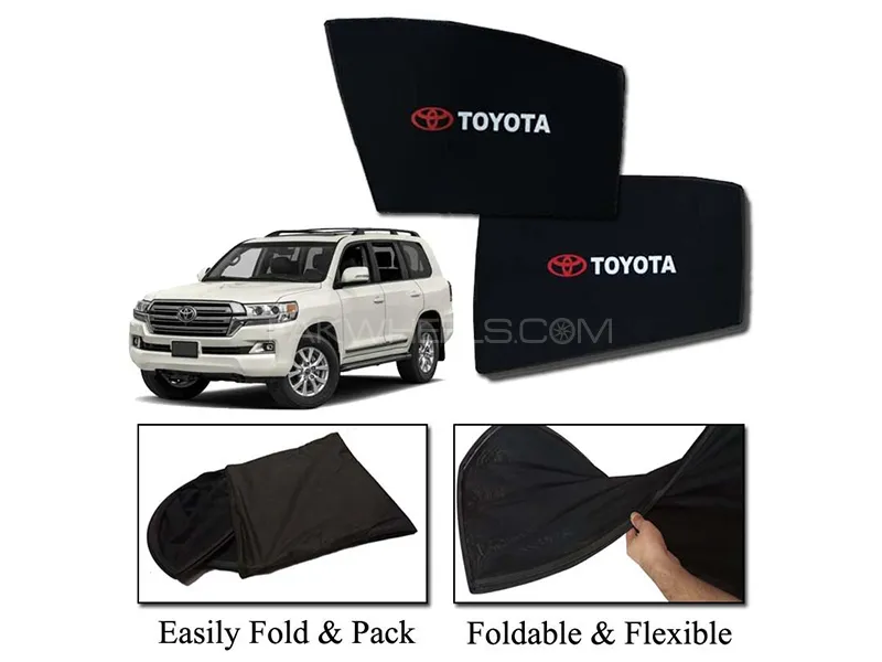 Toyota Landcruiser V8 Sun Shades With Logo | Foldable | Mesh Fabric | Heat Proof | Dark Black Image-1