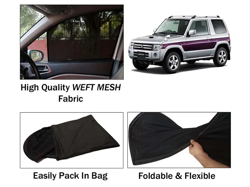 Mitsubishi Pajero Mini Sun Shades | Foldable | Heat Proof | Mesh Fabric | Dark Black | 4 Pcs Set Image-1