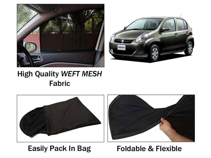 Toyota Passo 2011-2016 Sun Shades | Foldable | Heat Proof | Mesh Fabric | Dark Black | 4 Pcs Set Image-1