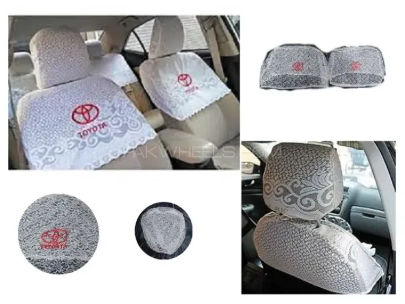 White Net Half Seat Covers For Toyota with Embroidery Universal Fitting - 7PCS Set Image-1